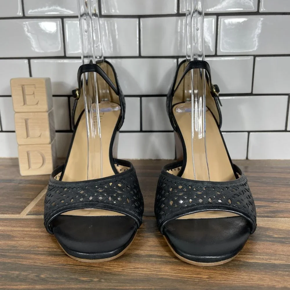 Talbots Womens Sz 8.5 Shoes Black Leather Open Toe Mary Jane Comfort Wedge